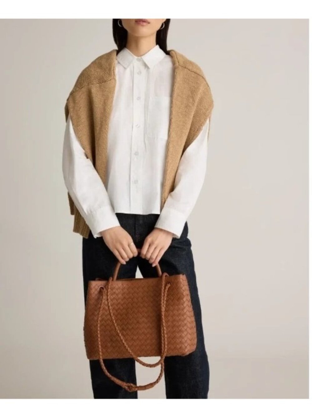 Quince Leather Romy Handwoven Satchel Cognac Crossbody Bag